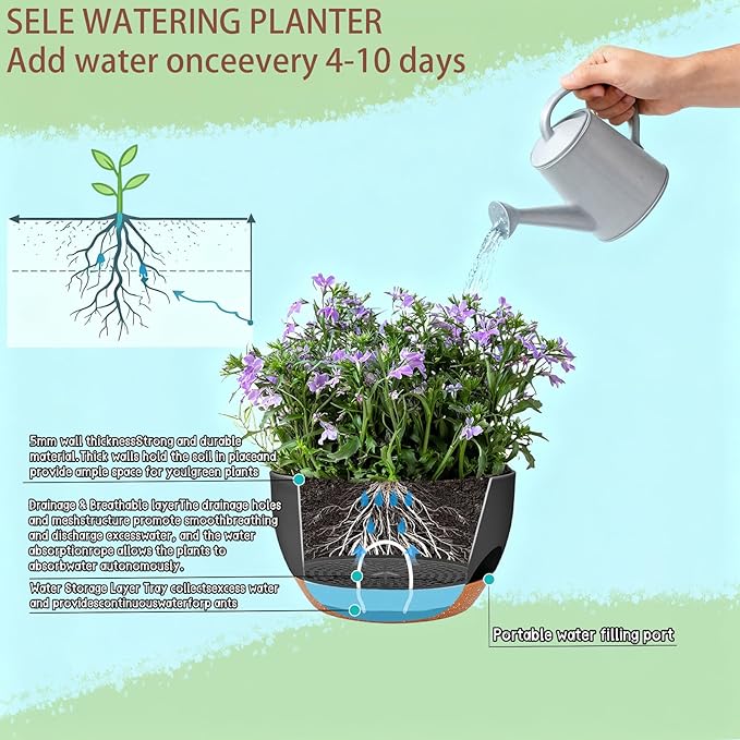 Set of 4-8 Inch Self Watering Hanging Planters for Indoor Outdoor，Hanging Plant Pots with Drainage & Removable Tray, Hanging Pots Holder for Ivy, Pothos, Ferns, Balcony & Patio, Black Brown
