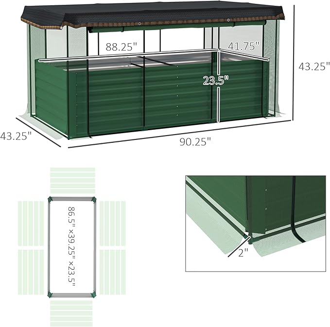 Outsunny 7.3 x 3.4 x 2 ft Galvanized Raised Garden Bed with Crop Cage Plant Protection Net and Shade Cloth Roof, Metal Planter Box with Cover for Vegetables, Flowers, Herbs, Green