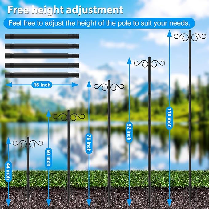 Adjustable Shepherd Hooks for Outdoor,2 Pack 110 Inch 5 Prong Base Bird Two Sided Feeder Poles,Heavy Duty Shepherds Hook,Suitable for Garden in Hanging Flower Basket,Lantern,Bird Nests