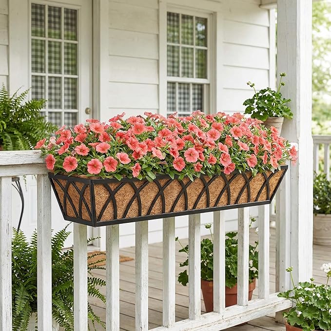 Y&M 30 Inch Window Deck with Coco Liner, Fence Metal Hanging Flower Planter Basket Deck Railing Planter Boxes for Outdoor Garden Lawn, 24" Window Boxes Horse Trough with Coconut Coir Liner,2pcs