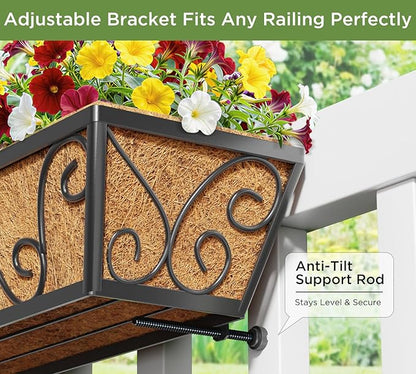 4pcs 24 Inch Window Deck with Coco Liner, 24" Window Boxes Horse Trough with Coconut Coir Liner, Metal Hanging Flower Planter Window Basket Deck Railing Planter Boxes for Outdoor Indoor Lawn