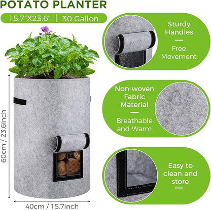 2 Pack 30 Gallon Potato Grow Bags with Harvest Window, Durable Garden Planter Bags with Handles for Potatoes, Tomatoes, and Vegetables - Indoor & Outdoor Gardening Supplies (Gray)