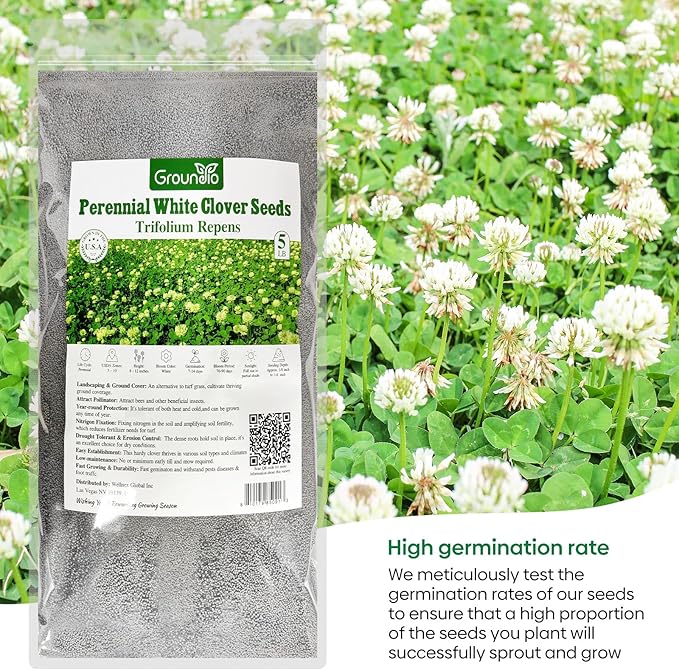 White Clover Seeds, 5 lbs, Perennial White Dutch Clover Seed for Lawn, Ground Cover, Nitrocoated and Inoculated, Attracts Pollinators