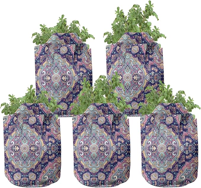 Ambesonne Corn Grow Bags 5-Pack, Organic Vegetable Stalks, Heavyduty Fabric Pots with Handles for Plants, Green Yellow