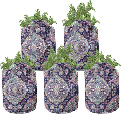 Ambesonne Ethnic Grow Bags 5-Pack, Boho Colorful Spring Garden, Heavyduty Fabric Pots with Handles for Plants, Navy Pink