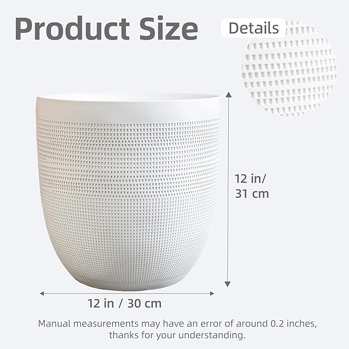 12" Dia Round Planter – White Matte Decorative Flower Pot with Drainage Hole, Lightweight Durable Indoor/Outdoor Plant Container for Home Patio Garden Porch, Modern Minimalist Design