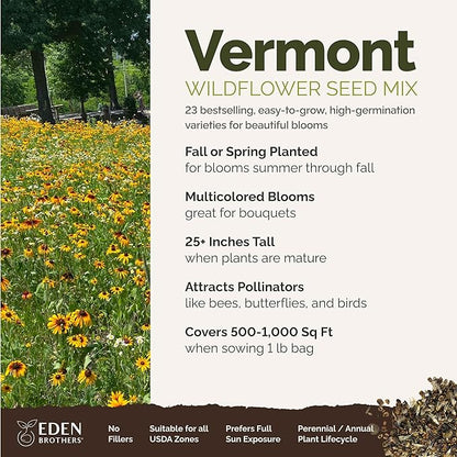 Eden Brothers Vermont Wildflower Mixed Seeds for Planting, 1 lb, 480,000+ Seeds with Cosmos, Cornflower | Attracts Pollinators, Plant in Spring or Fall, Zones