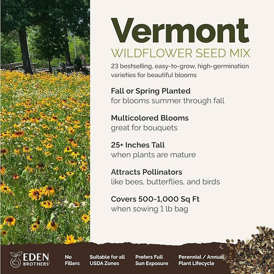 Eden Brothers Vermont Wildflower Mixed Seeds for Planting, 1 lb, 480,000+ Seeds with Cosmos, Cornflower | Attracts Pollinators, Plant in Spring or Fall, Zones