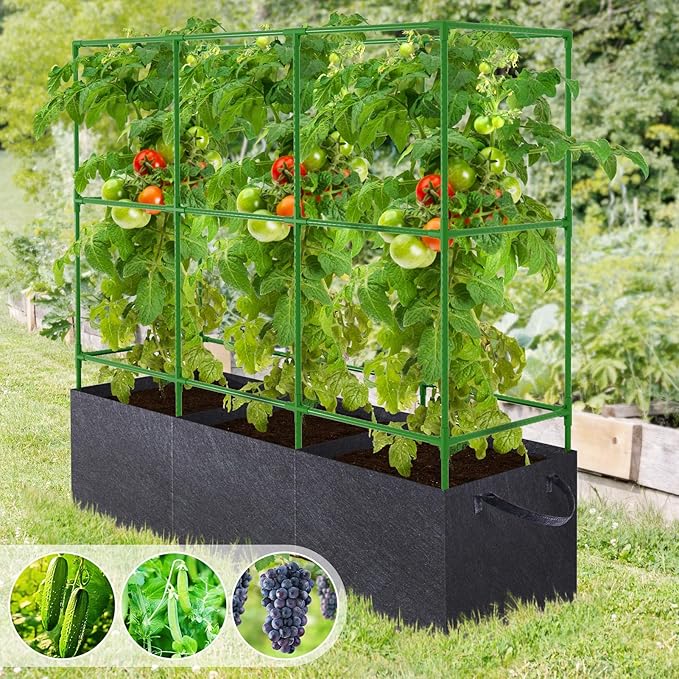 51x17x49 Inch Garden Tomato Cages with 46 Gallon Grow Bags, Square Plant Support Trellis Assembled with Planter Bags, Garden Cucumber Vegetables Frames for Vertical Climbing Plants