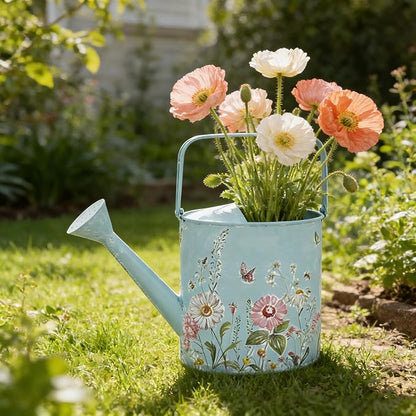 Vintage Floral Metal Watering Can for Indoor/Outdoor Plants, Blue Functional Garden Waterer with Long Spout, Garden Water Pot Rustic Decor for Home Garden Patio