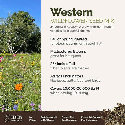 Eden Brothers Western Wildflower Mixed Seeds for Planting, 10 lb, 4,800,000+ Seeds with Cornflower, Blanket Flower | Attracts Pollinators, Plant in Spring or Fall, Zones 3, 4, 5, 6, 7, 8, 9, 10