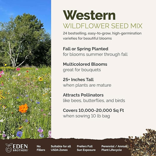 Eden Brothers Western Wildflower Mixed Seeds for Planting, 10 lb, 4,800,000+ Seeds with Cornflower, Blanket Flower | Attracts Pollinators, Plant in Spring or Fall, Zones 3, 4, 5, 6, 7, 8, 9, 10