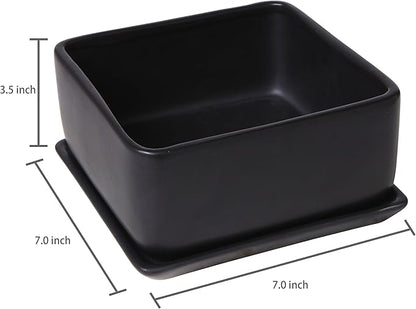 MyGift Modern Black Ceramic Square Indoor Small Planter, Flower Succulent Plant Pot with Drainage Hole and Removable Drip Tray