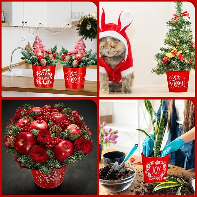Hoolerry 16 Pcs Christmas Bucket Gardening Pots Planters Accessories Galvanized Planters Red Metal Pail 6 Inch Galvanized Flower Plant Pots Gardening Container for Gardens Patios Decorations
