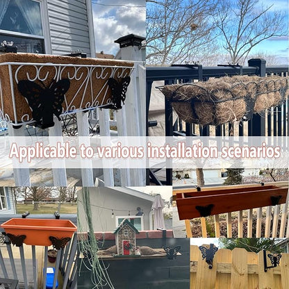 Planter Box Bracket, Adjustable Hang Window Box Holder with Butterfly, Hanging Flower Pot Stand Brackets for Outdoor Patio Garden Fence Pergola Balcony Supporting Heavy Planters-4Pack
