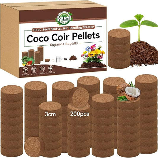 Halatool 200 Pcs 30mm Organic Coco Coir Pellets Seed Starter Soil, Compressed Coconut Coir Potting Soil Discs for Planting Vegetables, Fruits, Flowers