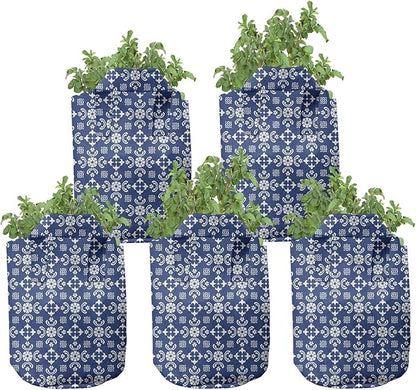 Ambesonne Folk Art Grow Bags 5-Pack, Talavera Tile Like Pattern, Heavyduty Fabric Pots with Handles for Plants, Sky Blue