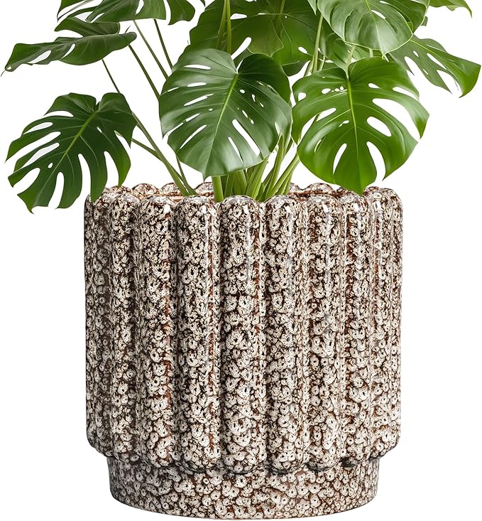 Ceramic Planter - 9.6 Inch Plant Pots Indoor with Drainage Hole, Round Fluted Ceramic Flower Pots, Decorative Planter Outdoor, Home Decor, Plant Lover Gifts for Women, Leopard Print White