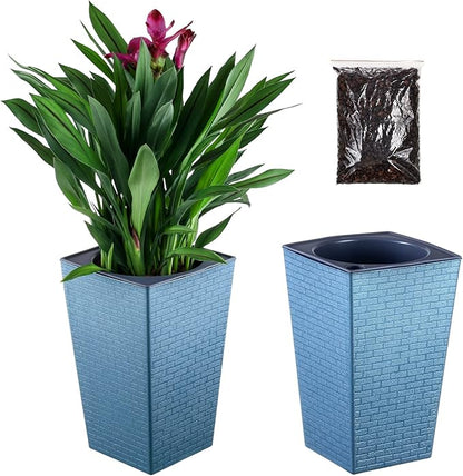 2 Pack Self Watering Planters 10.7" x 6.9" Planter for Indoor Plants Self Watering Violet Pots Plastic Flower Pots Square Planter with a Bag of Clay Pebbles, Blue