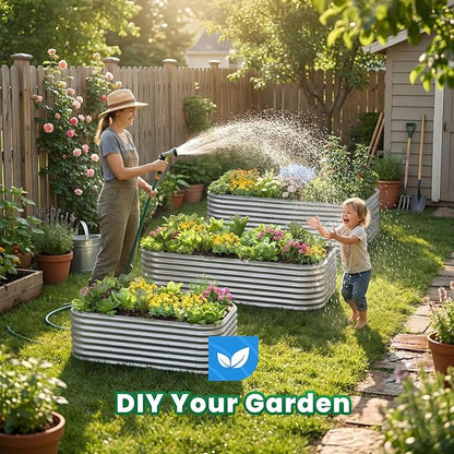 Quictent Galvanized Tall Raised Garden Bed Kit, 8x4x2 ft Oval Large Planting Box, for Vegetables Outdoor Strengthened by Crossbar (Silver)