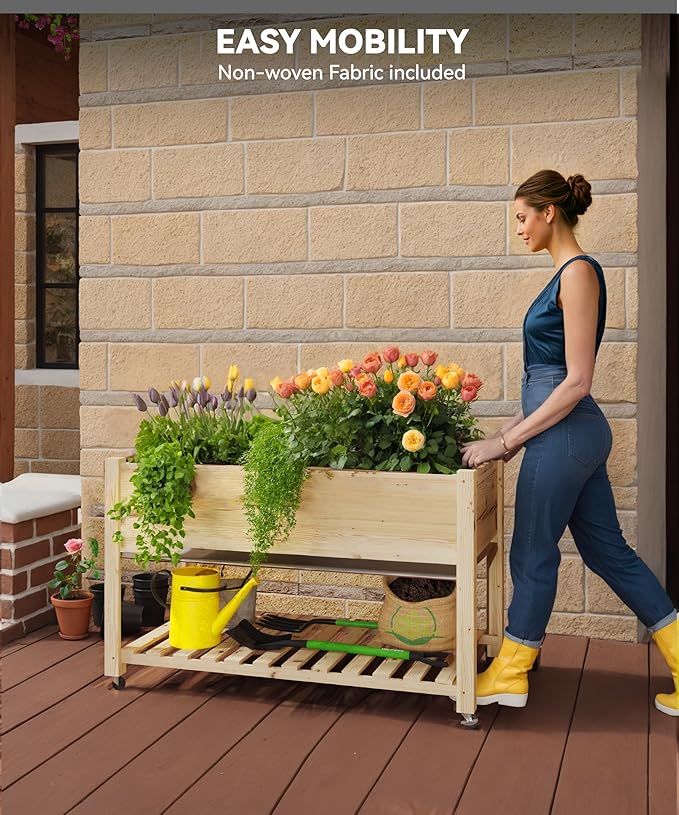 48x24x30in Raised Garden Bed with Wheels,Elevated Raised Planter Box Outdoor for Growing Vegetables and Herbs,Sturdy Wooden Raised Table Garden Bed with Legs-Enhanced Depth,Natural