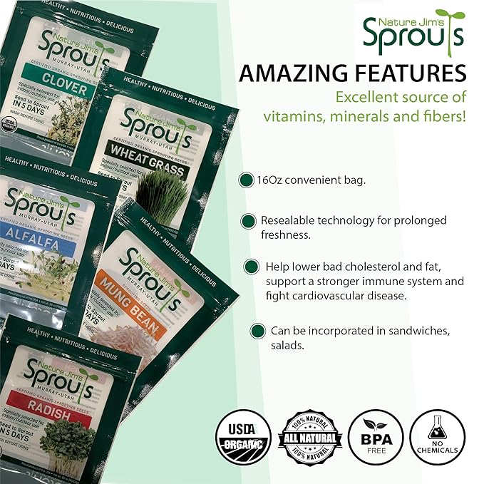 Nature Jim's Sprouts 3-Bean Seed Mix - Organic Green Peas, Lentils & Adzuki Beans for Planting - Non-GMO Microgreen Sprout Seeds, Fast Sprouting, High in Fiber, Protein, Nutrients & Vitamins - 16 Oz