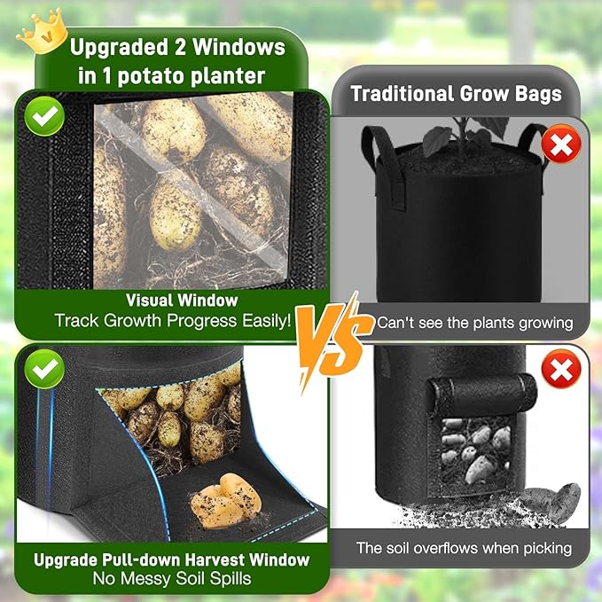 4 Pack Potato Grow Bags 10 Gallon with Harvest & Visible Window Thickened Garden Bags to Grow Vegetables with Handles & Metal Grommets for LST, Fabric Pots for Growing Carrots, Tomatoes, Onions