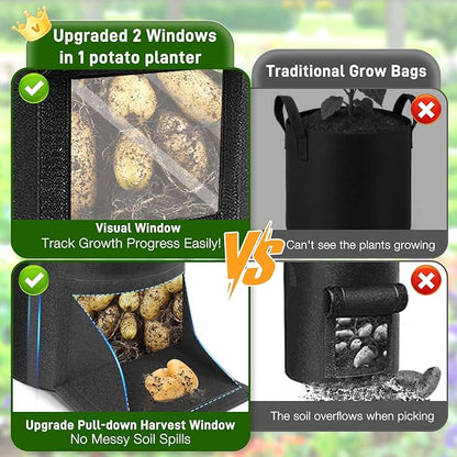 4 Pack Potato Grow Bags 10 Gallon with Harvest & Visible Window Thickened Garden Bags to Grow Vegetables with Handles & Metal Grommets for LST, Fabric Pots for Growing Carrots, Tomatoes, Onions