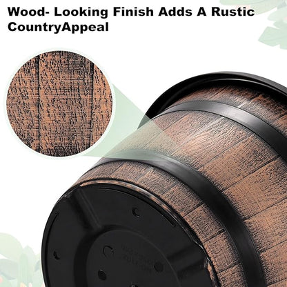 Quarut Large Plastic 4 Pack14 inch Plant Pots,Whiskey Barrel Planters with Drainage Holes & Saucer.Flower Pots Imitation Wine Barrel Design for Indoor & Outdoor Garden Balcony Plants.5 Gallons(Brown)