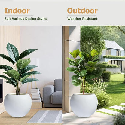 12.8" H x 16" D Globo Fiberstone Round Planter with Drainage Hole, Smooth Finishes, Weather Resistant for Indoor and Outdoor Use, Included 2 Extra Coco Mats (White, 10.7" Pot Opening)