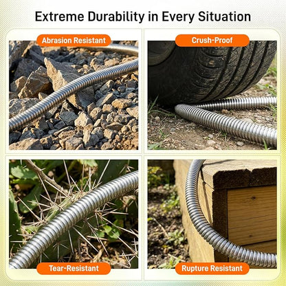 Garden Hose, 75ft 5/8" Stainless Steel Water Hose w/ 10-Mode Spray Nozzle, On/Off Valve, 523 PSI Burst, Anti-Kink, Lightweight All-Weather Flexible, Leakproof 3/4" Brass Male to Female Fittings