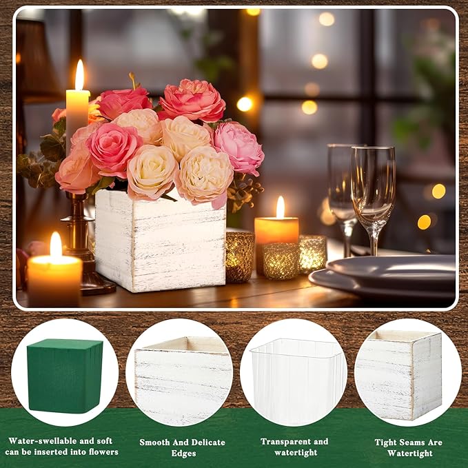 Dandat 18 Sets Wooden Cube Planter Boxes for Centerpiece 4 Inch Flower White Wood Rustic Square Vase with Removable Plastic Liner Floral Foam Block for Garden Wedding Home Arrangement Decor