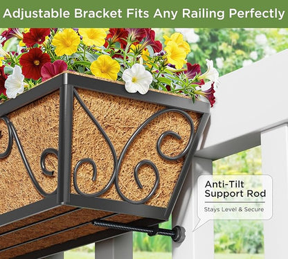 Y&M 30 Inch Window Deck with Coco Liner, Fence Metal Hanging Flower Planter Window Basket Deck Railing Planter Boxes for Outdoor Garden Lawn-Butterfly, 4pcs