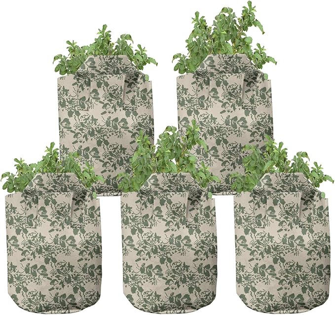 Ambesonne Colorful Grow Bags 5-Pack, Sugar Skulls Flowers, Heavyduty Fabric Pots with Handles for Plants, Black Fuchsia