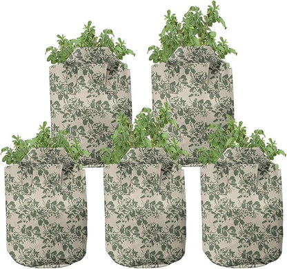 Ambesonne Colorful Grow Bags 5-Pack, Sugar Skulls Flowers, Heavyduty Fabric Pots with Handles for Plants, Black Fuchsia