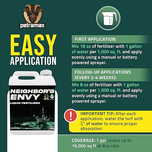 PetraMax Neighbor’s Envy Grass Fertilizer for Lawn & Garden, 1 Gallon Covers up to 16,000 sq.ft. 7-in-1 Liquid Lawn Fertilizer Concentrate for Deep Green Turf - Includes Nitrogen/Iron/Humic/Sea Kelp