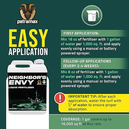 PetraMax Neighbor’s Envy Grass Fertilizer for Lawn & Garden, 1 Gallon Covers up to 16,000 sq.ft. 7-in-1 Liquid Lawn Fertilizer Concentrate for Deep Green Turf - Includes Nitrogen/Iron/Humic/Sea Kelp