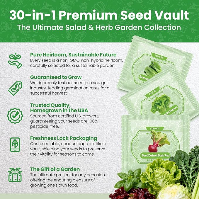 30 Heirloom Seeds Variety Pack - 18500+ Non-GMO Seeds for Planting Vegetables, Home Garden Seeds for Hydroponic, Indoor and Outdoor, Easter Unique Gift for Mother, Women, Mom, Friend, Her