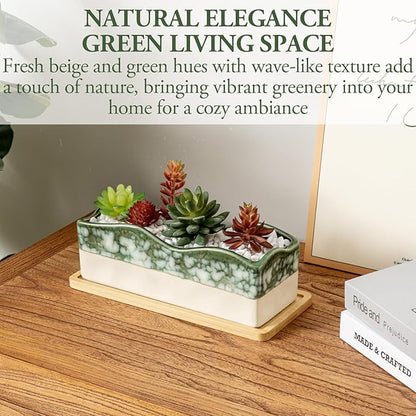 MyGift Rectangular Succulent Planter - Decorative Beige and Green Ceramic Glazed Plant Container Pot with Removable Bamboo Tray
