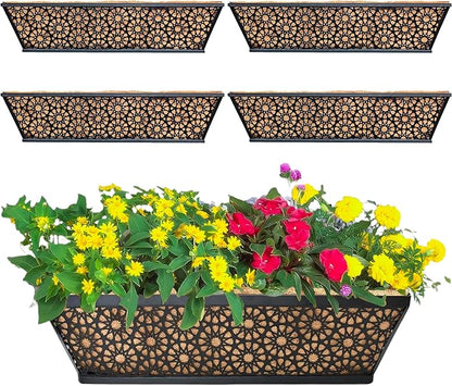 4 Pack 30" Railing Planter Window Box Deck Balcony Rail Planter Black Metal Flower Basket Horse Trough Planter with Coco Fiber Liner for Porch Fence Patio Outdoor