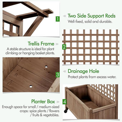 Yaheetech 72" H Garden Planter with Trellis for Vine Climbing Horticultural Plants, Outdoor Raised Box with Drainage Holes, Raised Garden Bed for Flowers, Dark Brown, 2pcs