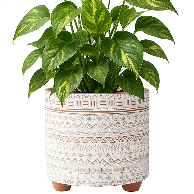 D'vine Dev 8 Inch Terracotta Planter Pot, Modern Design Ceramic Plants Pot with Drainage Hole, Saharan Script, 33-953-D-1
