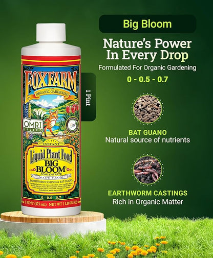 Fox Farm Big Bloom Liquid Plant Food - Organic Bloom Fertilizer for Flowering & Fruiting Plants, Contains Earthworm Castings & Bat Guano - Supports All Stages of Plant Growth - 0-0.5-0.7 NPK, 1 Pint
