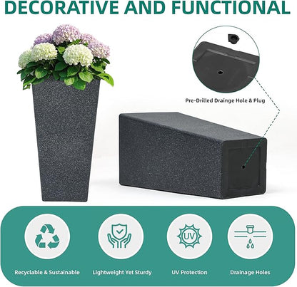 28" Plant Pots Tall Planters for Plants Outdoor Set of 2 Plastic Planter Pot Large Flower Pots Indoor Weather-Resistant for Patio, Porch, Garden, Front Door Christmas Decor Terrazzo Black