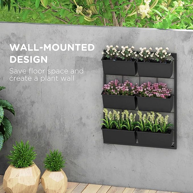 Outsunny 3-Tier Wall Planter with 6 Pots for Indoor and Outdoor Use, Hanging Plant Holder, Self Draining Wall Mounted Planter for Vegetables, Flowers, Herbs, Black