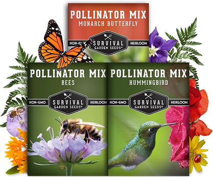Heirloom Pollinator Flower Seeds 3 Pack for Planting - Attract Butterflies, Bees, Hummingbirds - Nectar & Pollen Rich Perennial & Annual Wildflowers for Pollinators - Survival Garden Seeds