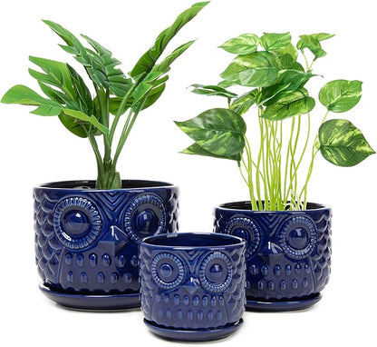 Ceramic Flower Pots, Ceramic Planters with Drainage Hole and Saucer, Modern Round Indoor Succulent Planters with Owl Design, Small to Medium-Sized, Set of 3, Navy Blue
