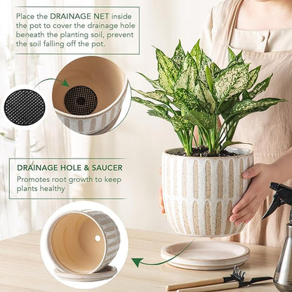 Ceramic Flower Pots Indoor-Outdoor: 7.75 Inch Large Planters with Drainage Holes & Saucer - Modern Decorative Plant Pots Ceramic for Home Gardeners (Striped)