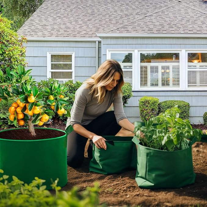 5 Gallon Grow Bags, Grow Bags 5 Gallon Fabric Plant Grow Bags Fabric Planters Garden Bgas Fabric Pots Tomato Planter Bags, 5-Pack, Green
