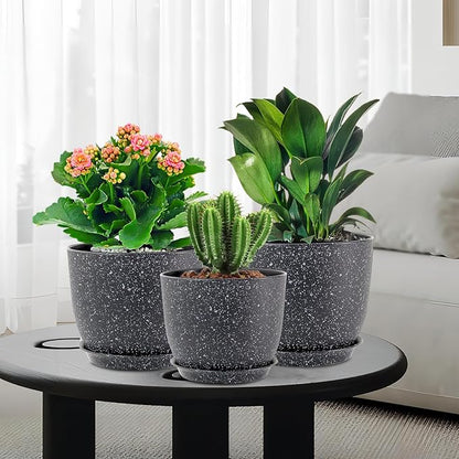 Plant Pots 10/9/8 inch, Set of 3 Modern Decorative Plastic Planters with Drainage Holes and Saucers for Garden House Plants, Flower Pots for Indoor Outdoor Plants, Speckled Black